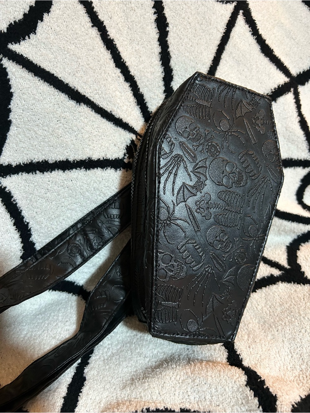 Black Embossed Coffin Crossbody Bag - Gothic Skull Detail